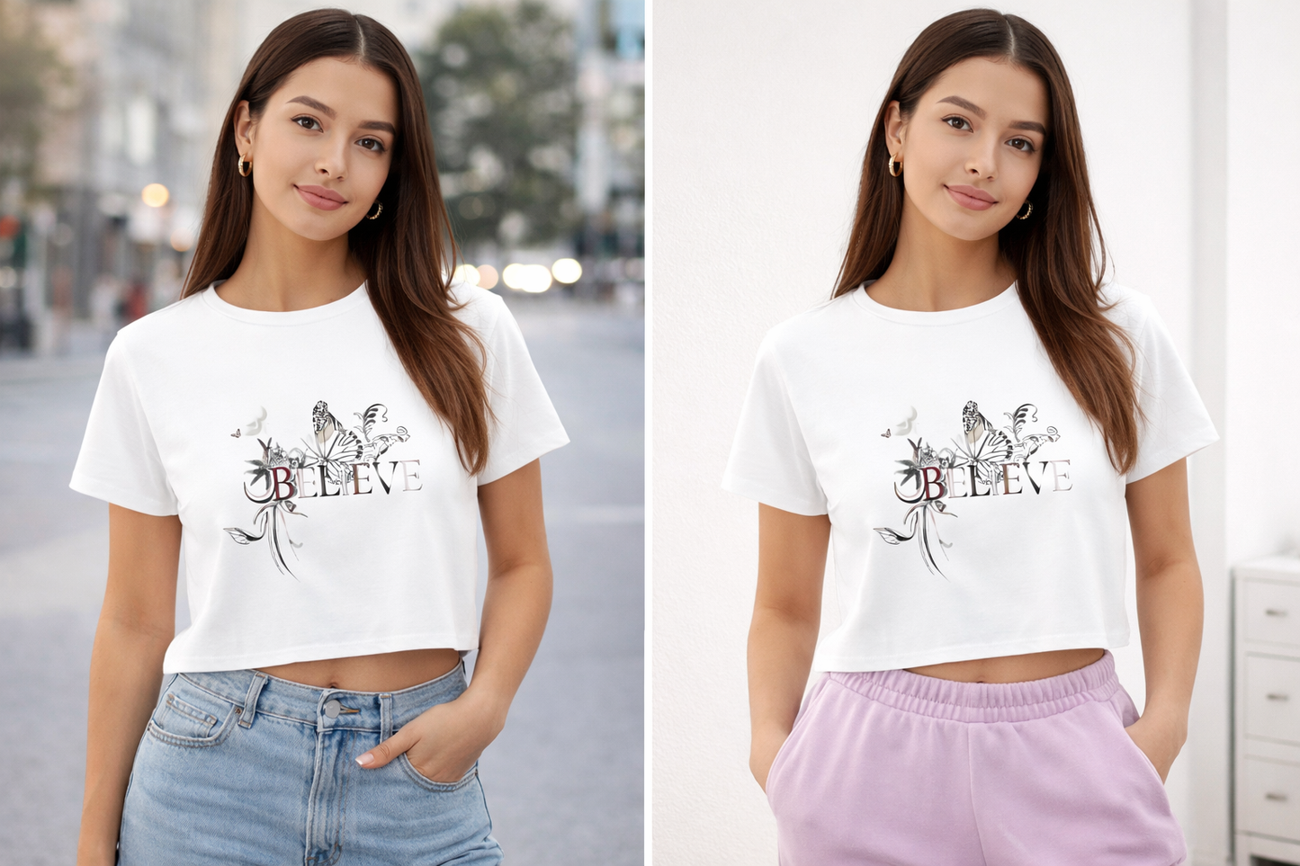 Believe Butterfly Graphic Cropped Tee – Aesthetic Floral Print Top